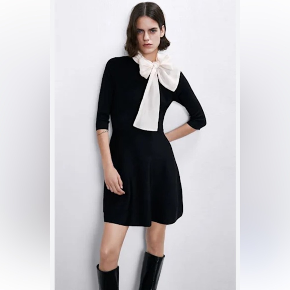 Zara Black Mini Dress with White Bow